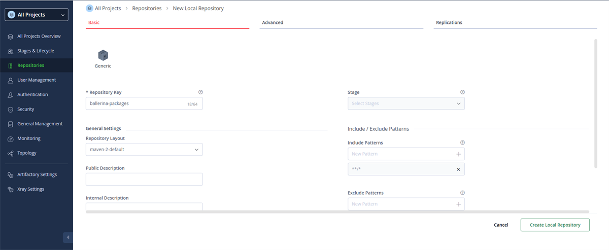Set the repository key and Maven 2 layout