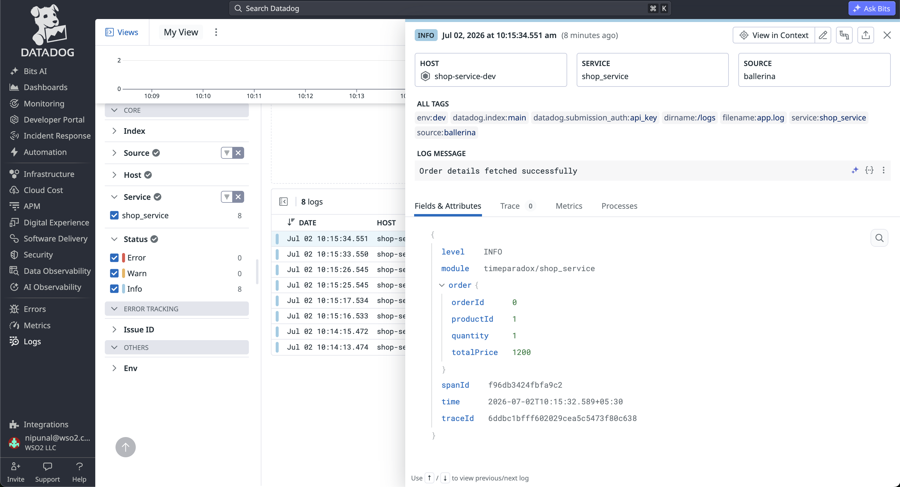Log details in Datadog