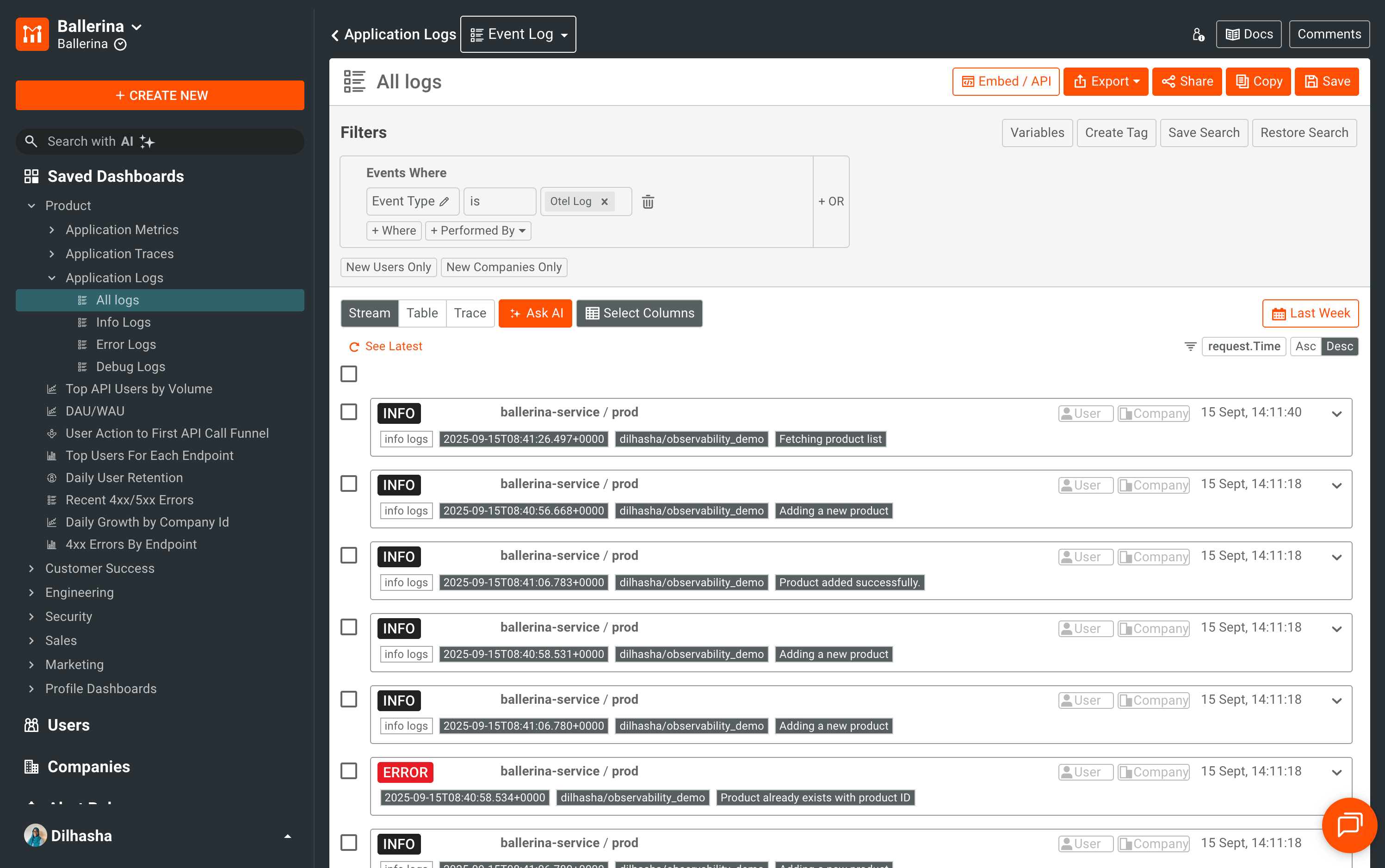 Moesif logs dashboard