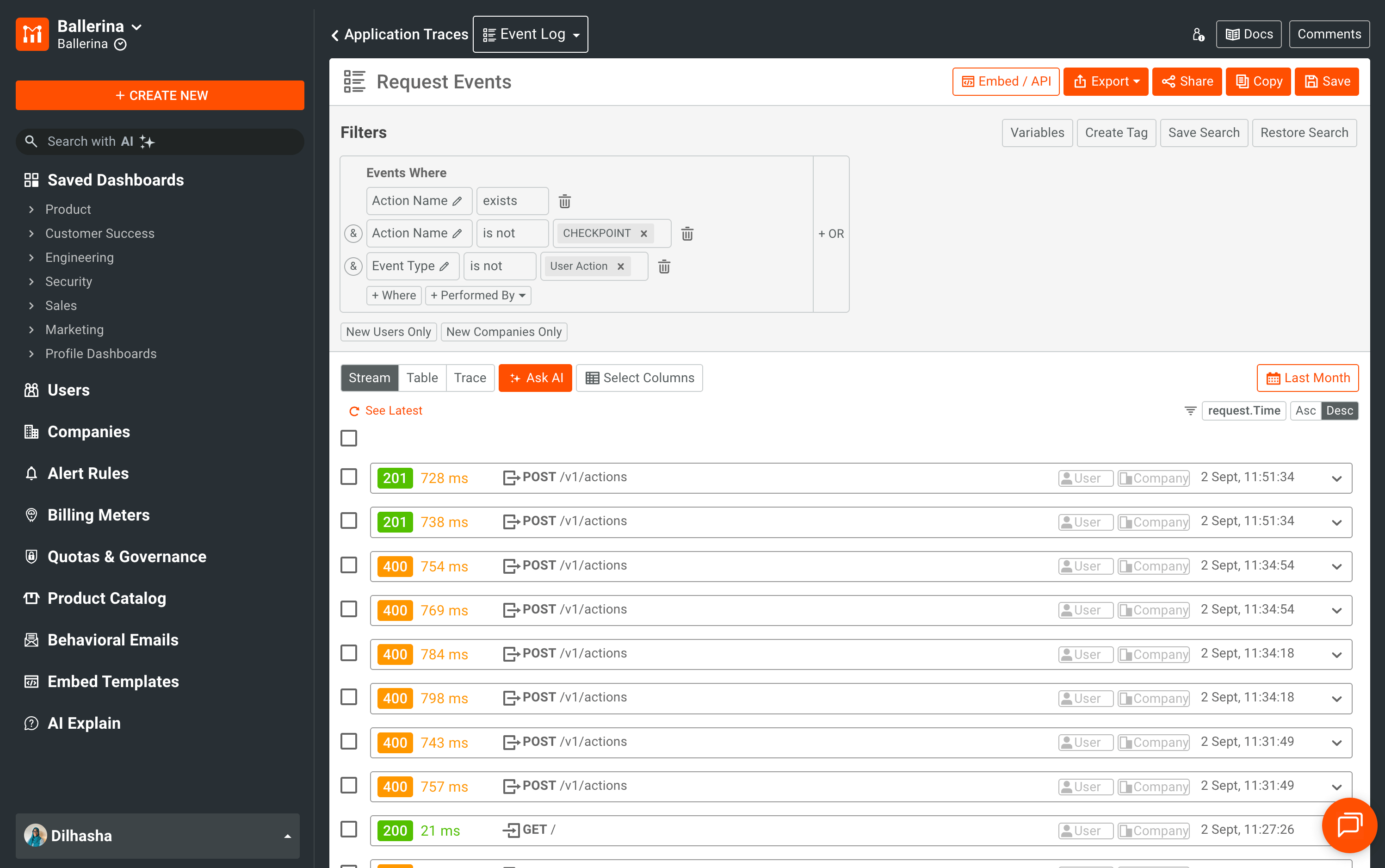 Moesif traces dashboard