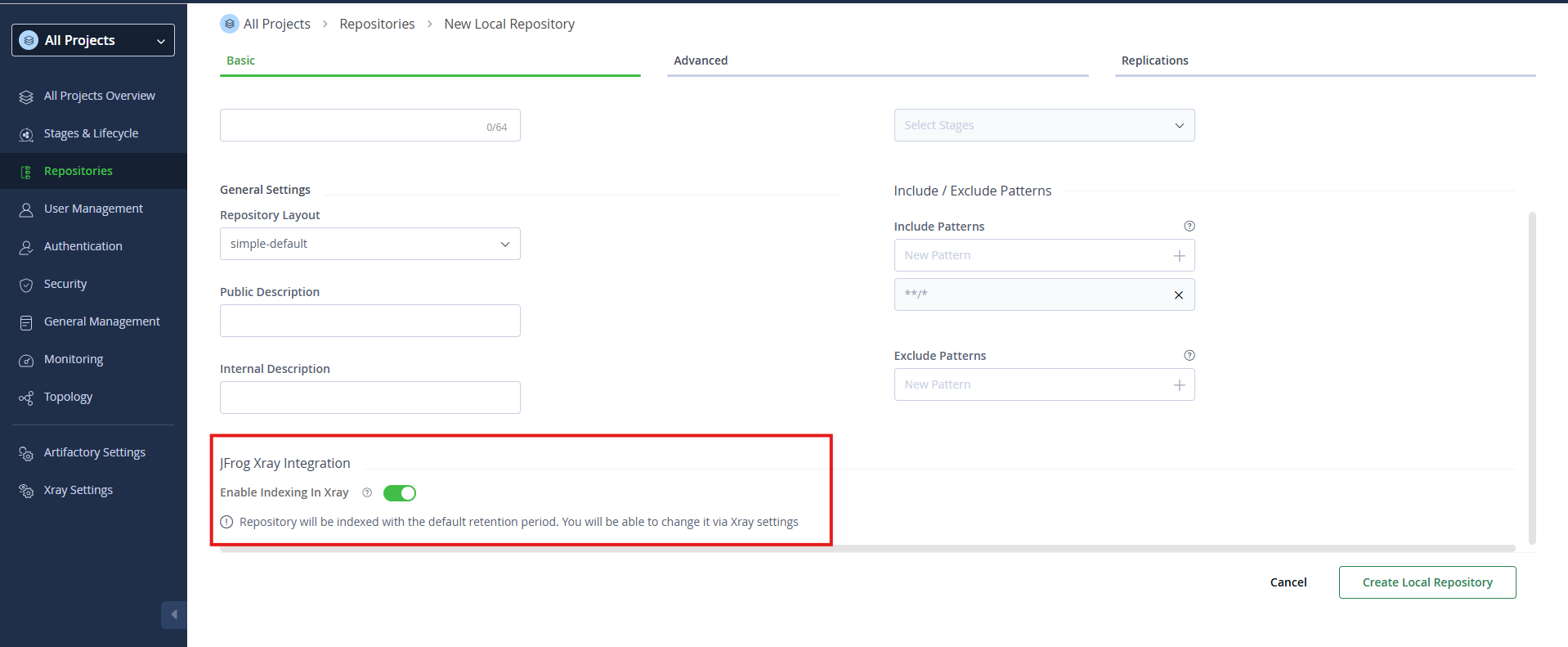 Enable indexing in Xray for the repository